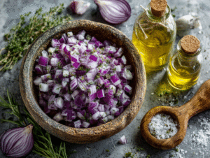 Rustic stone bowl with diced onions, herbs, and olive oil beside salt and spices