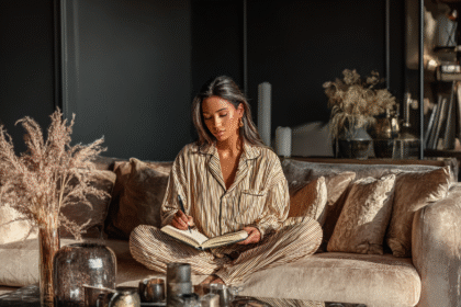Woman journaling an elegant bucket list on a velvet sofa in a softly lit living room