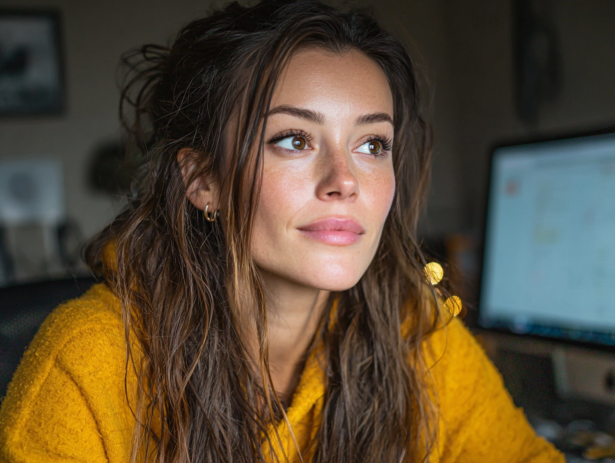 Young woman in a cozy mustard sweater working from home on her creative freelance career