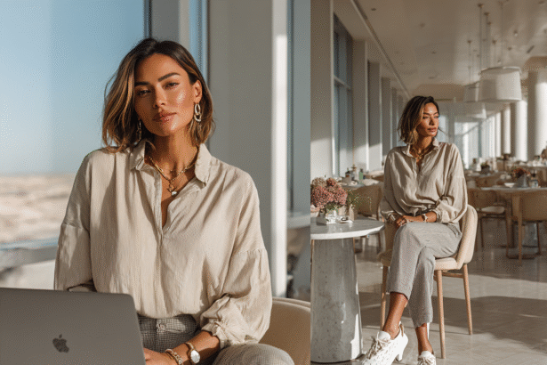 Woman wearing a neutral button-down blouse with gold jewelry and checkered trousers, styled with white sneakers for a chic, casual look in a sunlit modern café.