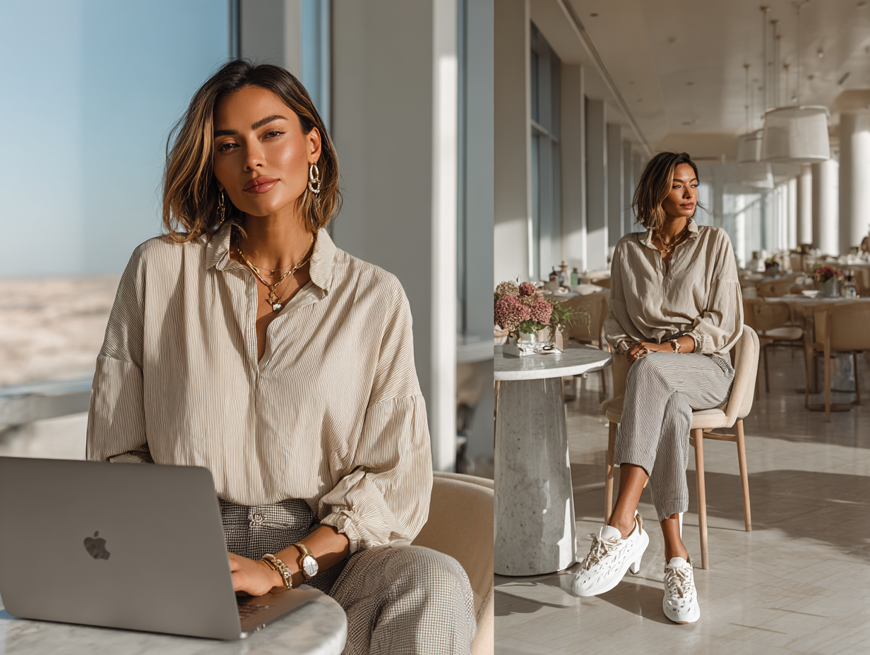 Woman wearing a neutral button-down blouse with gold jewelry and checkered trousers, styled with white sneakers for a chic, casual look in a sunlit modern café.