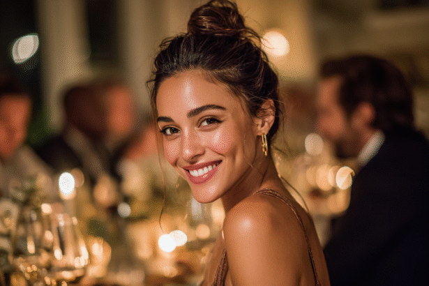 Smiling woman with glowing skin and effortless poise at an evening dinner table, symbolizing inner confidence, calm energy, and the timeless elegance described in “The Philosophy of Elegant Beauty.”
