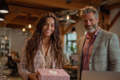 A woman with natural, radiant beauty smiling while holding a pink patterned gift box beside a well-dressed man in a modern, softly lit office — representing confidence, elegance, and conscious beauty.