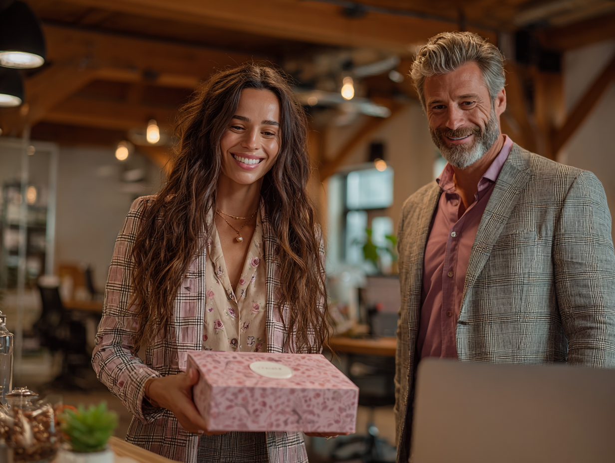 A woman with natural, radiant beauty smiling while holding a pink patterned gift box beside a well-dressed man in a modern, softly lit office — representing confidence, elegance, and conscious beauty.