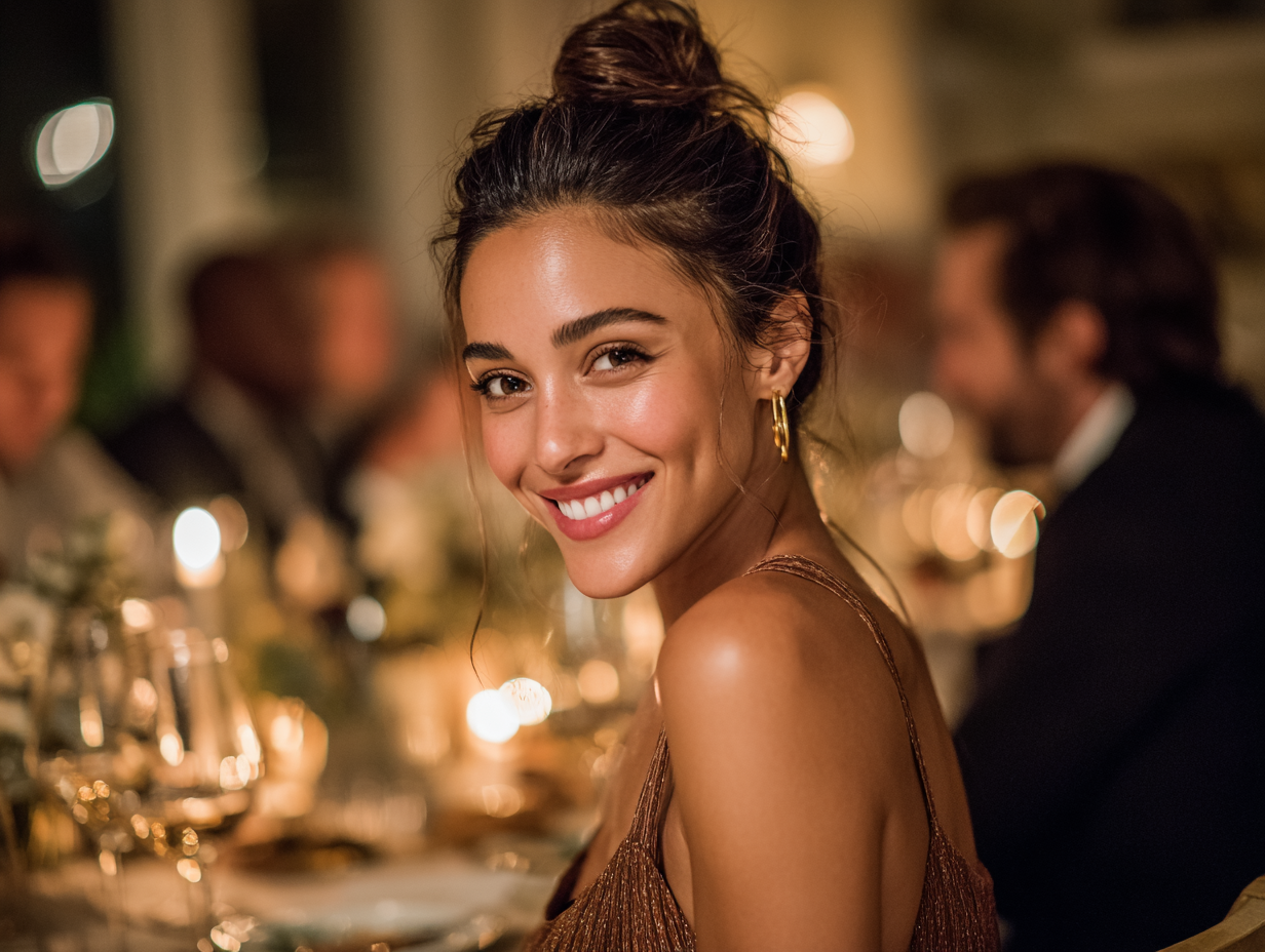 Smiling woman with glowing skin and effortless poise at an evening dinner table, symbolizing inner confidence, calm energy, and the timeless elegance described in “The Philosophy of Elegant Beauty.”