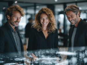 Group of confident professionals sharing a calm, joyful conversation, symbolizing connection, maturity, and enduring elegance.