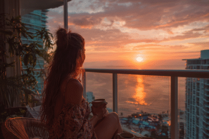 Woman enjoying a peaceful sunset view from a high-rise balcony with coffee, symbolizing financial freedom and intentional living.