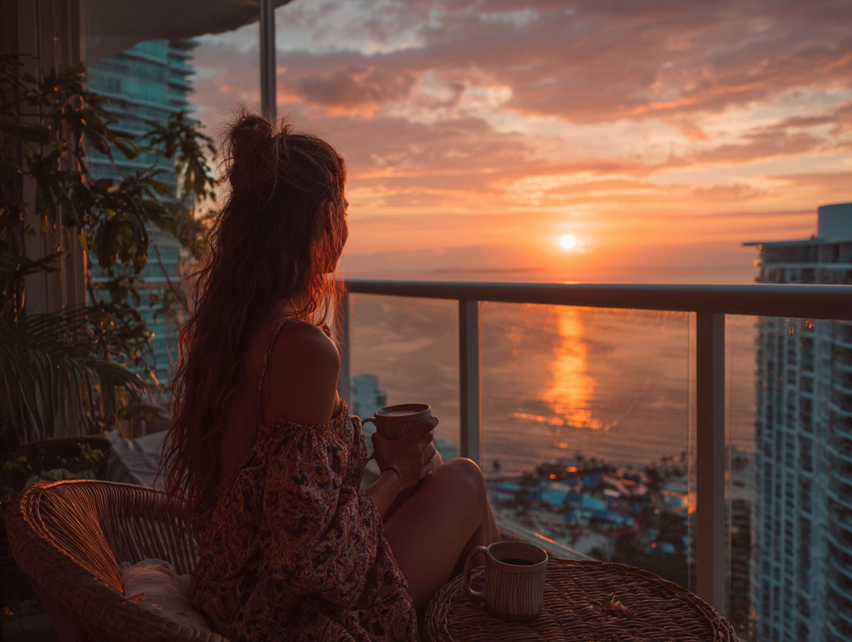 Woman enjoying a peaceful sunset view from a high-rise balcony with coffee, symbolizing financial freedom and intentional living.