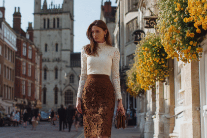 Stylish woman walking confidently in a historic city street, symbolizing financial literacy and personal growth