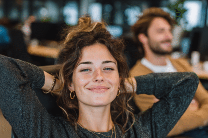 Confident young woman smiling at her desk, representing financial independence after learning how to invest through RRSP, TFSA, and FHSA accounts in Canada.
