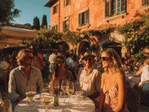 Travelers enjoying wine tasting outdoors in Tuscany surrounded by vineyards and warm sunlight