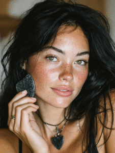 Close-up of a woman using a gua sha stone for facial massage, glowing natural skin, minimalist background — representing timeless and conscious beauty rituals.