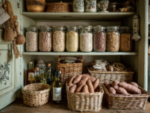 Rustic pantry shelves filled with grains, legumes, and olive oil bottles