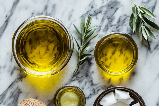 Top-down view of healthy cooking fats including olive oil, coconut oil, and herbs on a marble surface