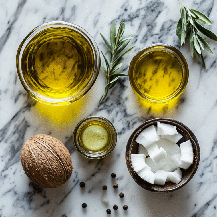 Top-down view of healthy cooking fats including olive oil, coconut oil, and herbs on a marble surface