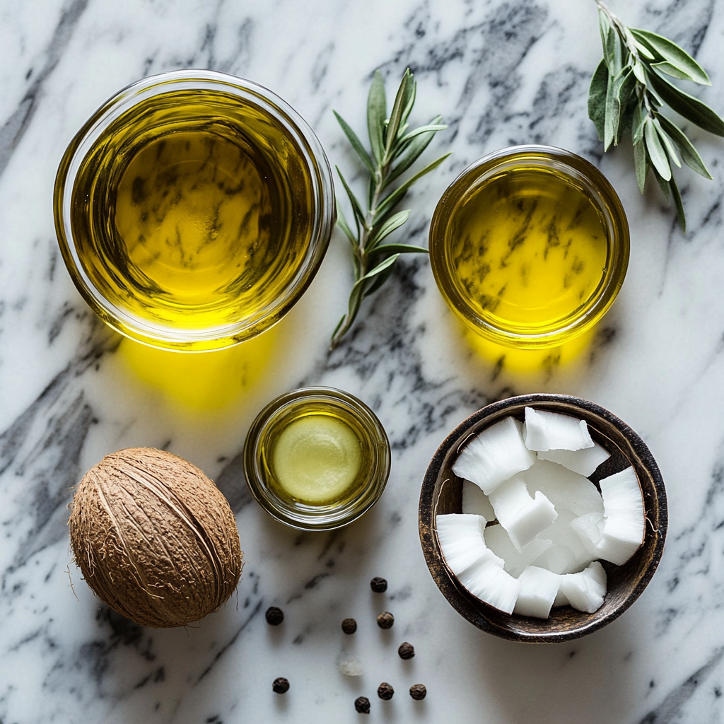 Top-down view of healthy cooking fats including olive oil, coconut oil, and herbs on a marble surface
