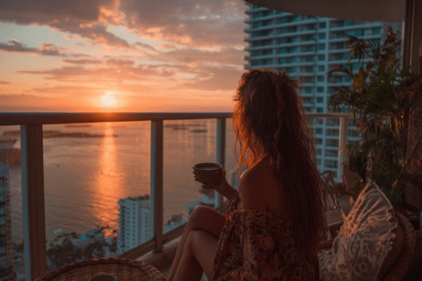 Woman enjoying morning coffee on a high-rise balcony overlooking the city skyline and ocean at sunrise