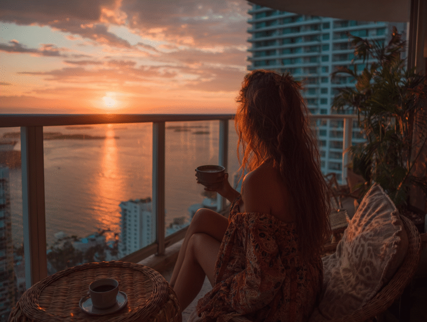 Woman enjoying morning coffee on a high-rise balcony overlooking the city skyline and ocean at sunrise