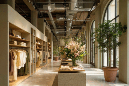 Zara retail store interior featuring neutral-toned clothing, large potted plants, and a minimalist layout with soft lighting