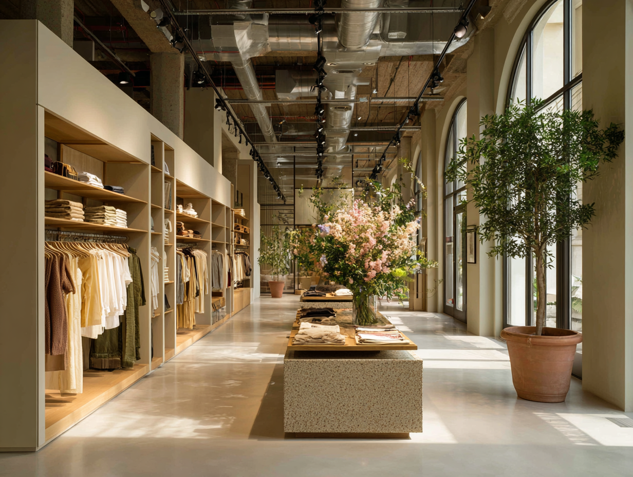Zara retail store interior featuring neutral-toned clothing, large potted plants, and a minimalist layout with soft lighting
