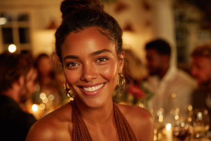 A woman with radiant skin and natural makeup smiling warmly at an evening gathering — representing confidence, grace, and mindful beauty.
