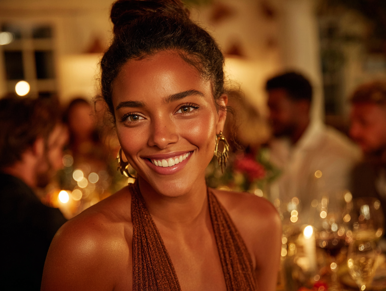 A woman with radiant skin and natural makeup smiling warmly at an evening gathering — representing confidence, grace, and mindful beauty.