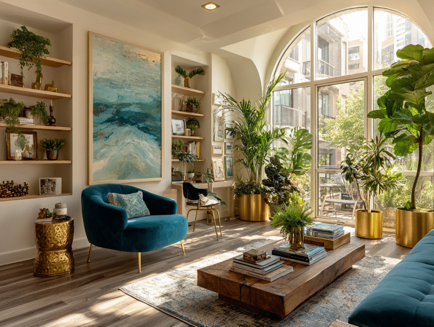 Stack of elegant coffee table books styled with candle and vase in modern living room — natural light and calming energy