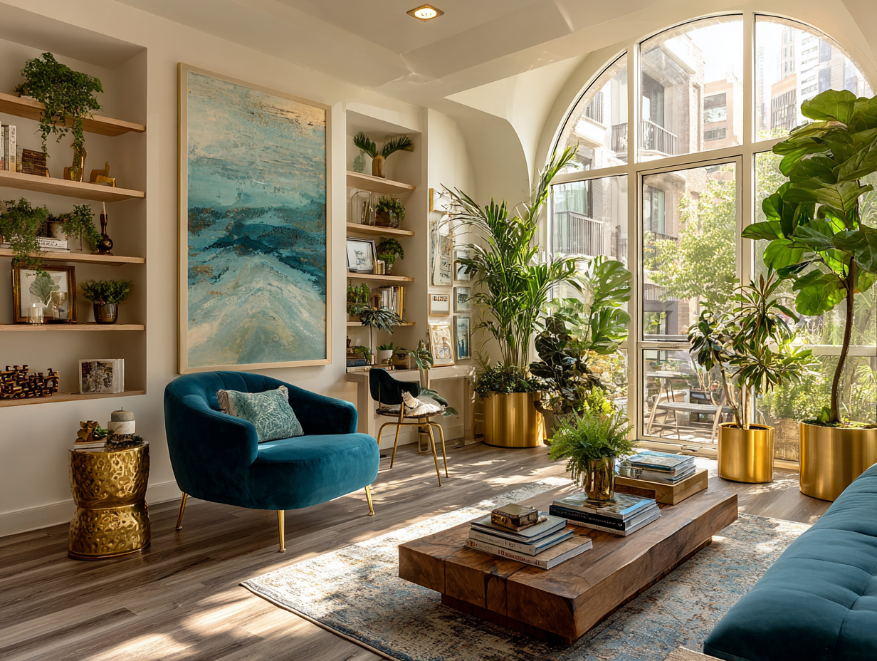 Stack of elegant coffee table books styled with candle and vase in modern living room — natural light and calming energy