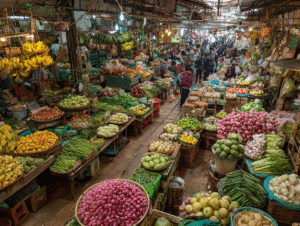 Colorful outdoor Thai market filled with seasonal fruits, vegetables, and local produce