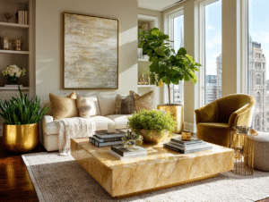 Polished marble coffee table styled with books, candles, and greenery