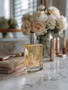 Glass perfume bottle on marble vanity counter with flowers and makeup