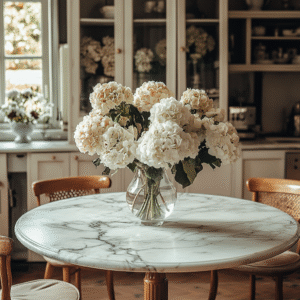 Round white marble dining table with a vase of fresh hydrangeas