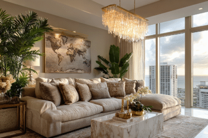 Elegant living room with marble coffee table, plush sofa, and gold chandelier