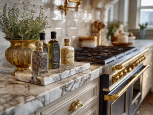 Marble countertop styled with gold-accented olive oil bottles and herbs