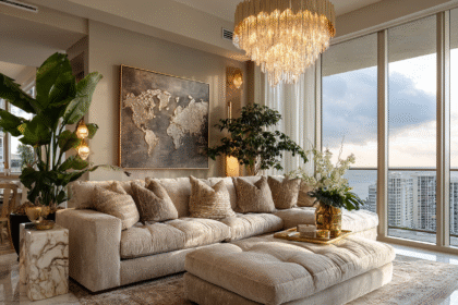 Elegant, organized living room with a plush beige sofa, chandelier, and world map wall art representing organized elegance and mindful living