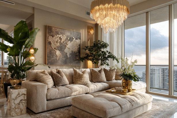 Elegant, organized living room with a plush beige sofa, chandelier, and world map wall art representing organized elegance and mindful living
