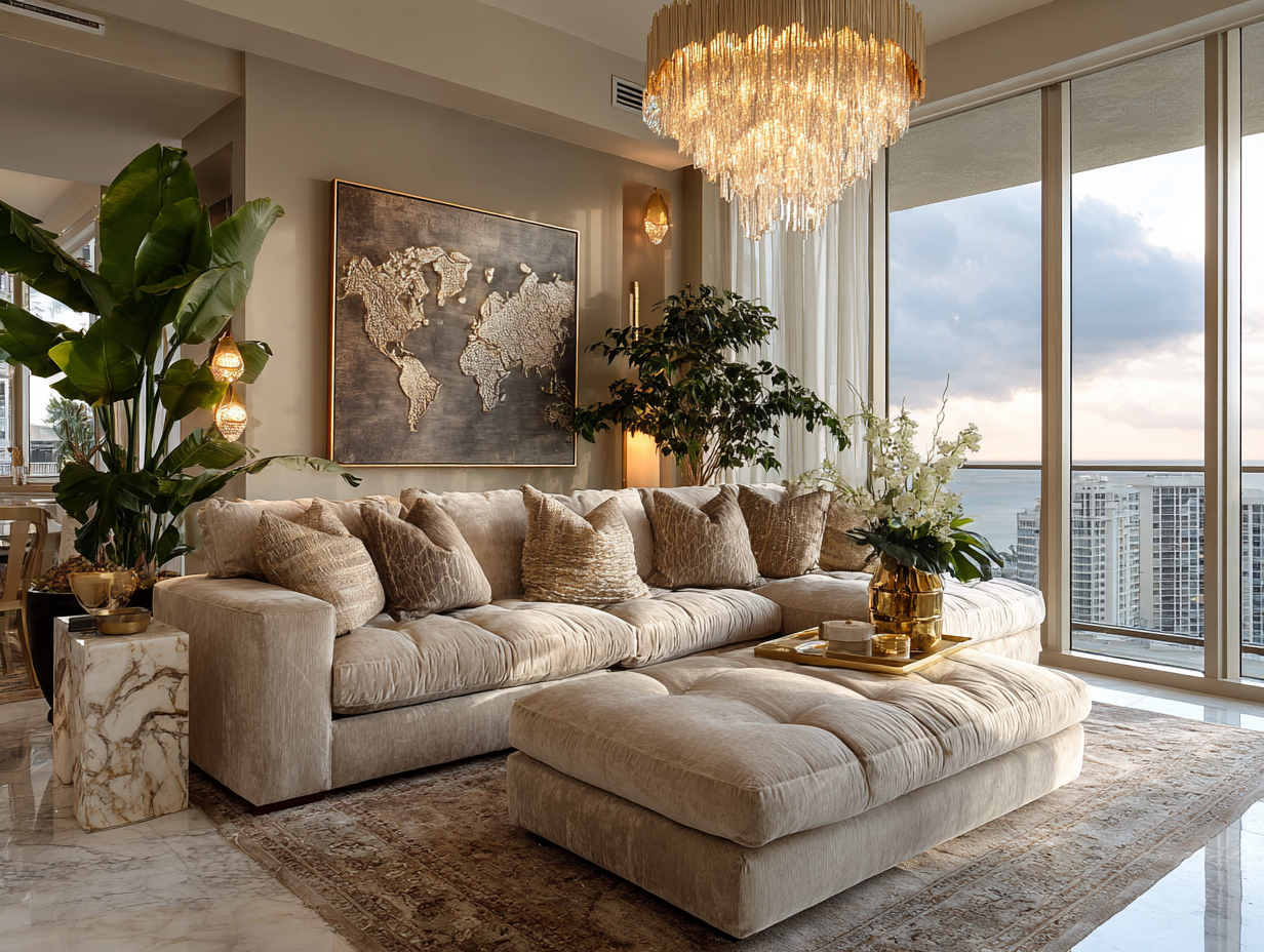 Elegant, organized living room with a plush beige sofa, chandelier, and world map wall art representing organized elegance and mindful living