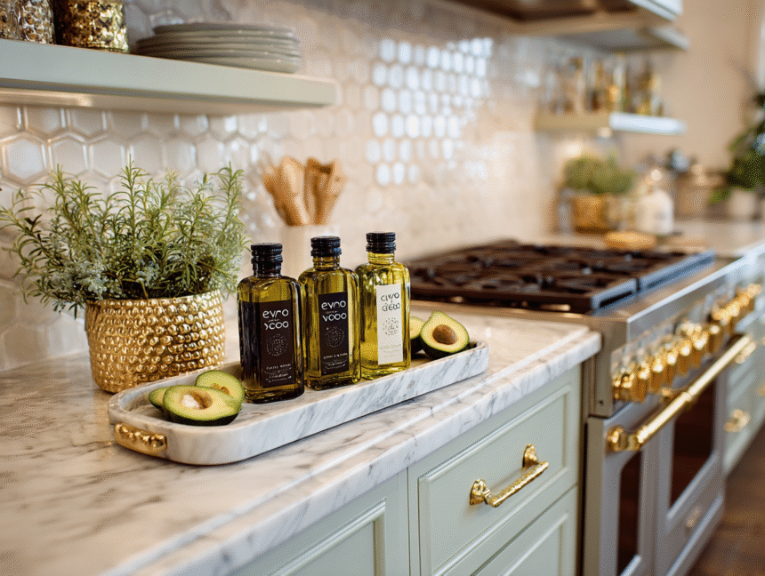 A beautifully organized kitchen counter with bottles of olive oil, fresh avocados, and gold-accented details.