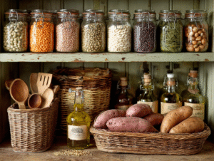 Neatly arranged glass jars filled with grains and lentils, olive oils, and woven baskets in a rustic pantry.