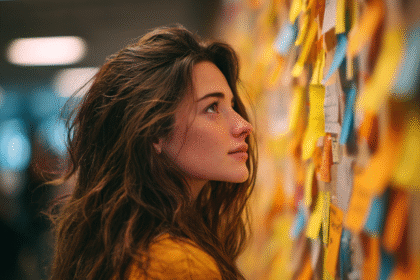 Woman looking at a wall full of colorful sticky notes, symbolizing ideas and personal branding strategy in the AI era.