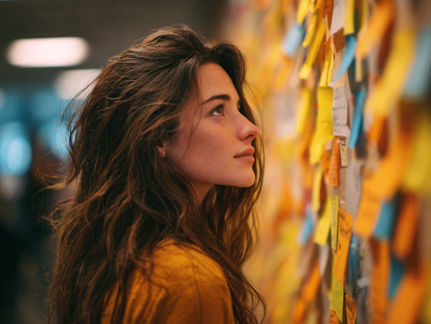 Woman looking at a wall full of colorful sticky notes, symbolizing ideas and personal branding strategy in the AI era.