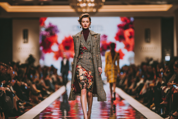 Model walking down a runway in a luxury wool coat and floral dress during a fashion show