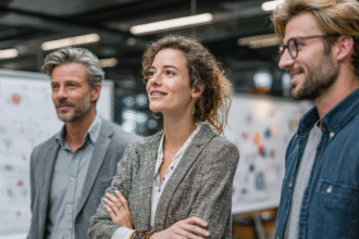 Three confident business professionals in a modern office discussing scalable growth strategies and systems implementation.