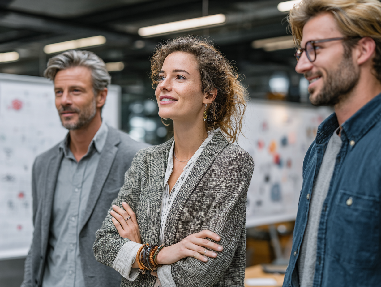 Three confident business professionals in a modern office discussing scalable growth strategies and systems implementation.
