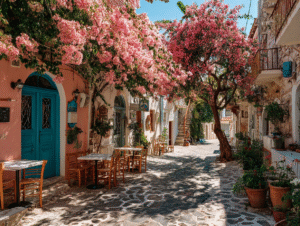 Sunlit Greek street lined with flowers, cafés, and pastel architecture