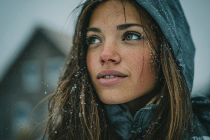 Woman in a North Face winter coat with snowflakes on her hair and hood, dressed for cold Canadian weather