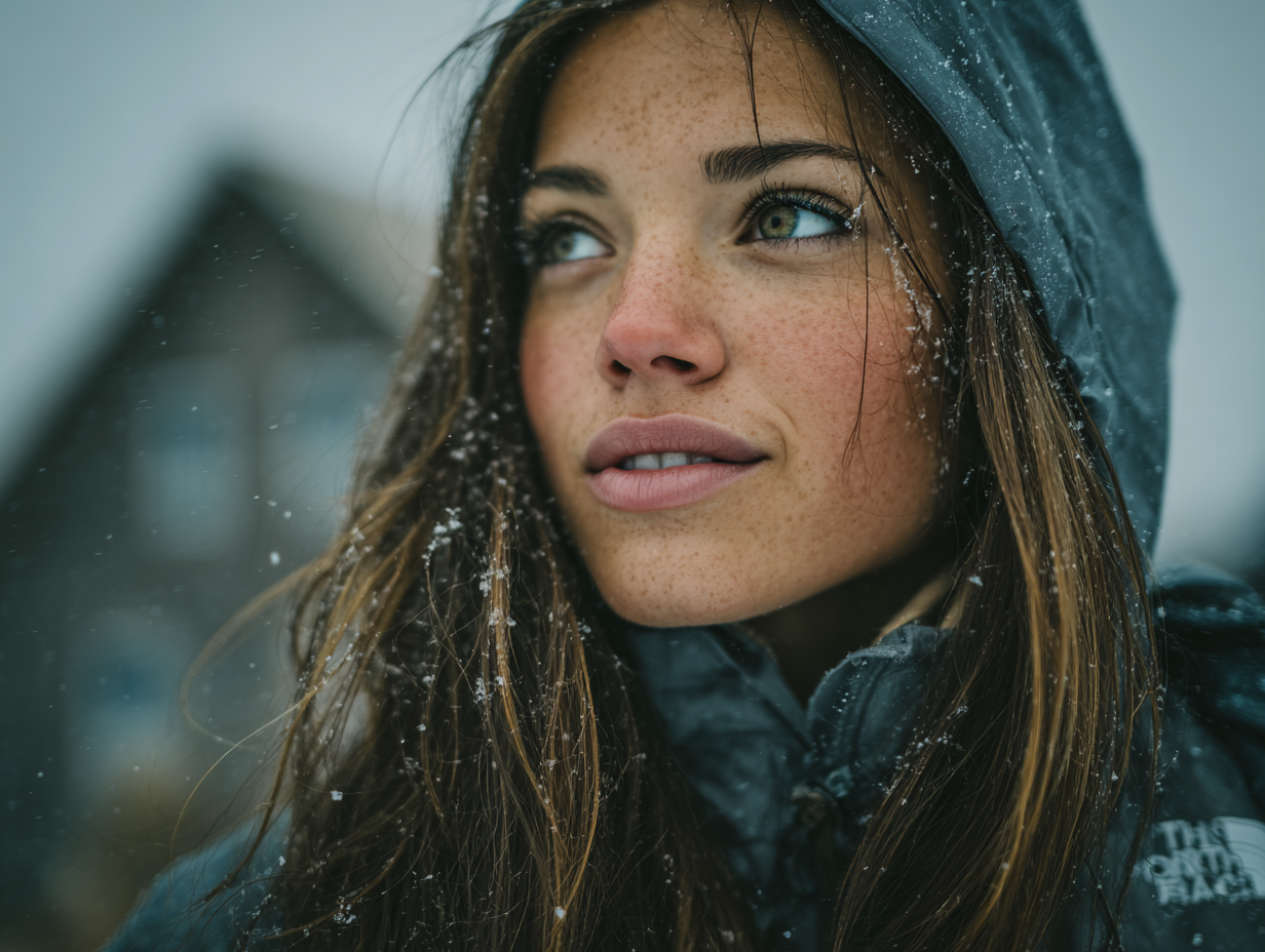 Woman in a North Face winter coat with snowflakes on her hair and hood, dressed for cold Canadian weather