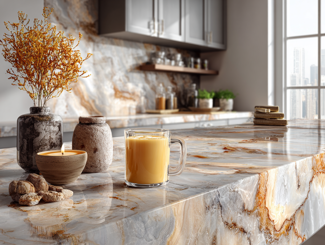 A glass mug of golden turmeric latte with protein sits on a marble kitchen counter beside a candle and fall decor.