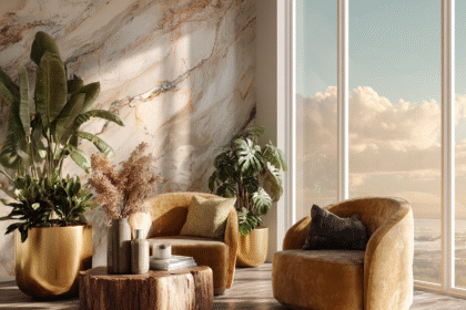 Taupe velvet chairs in a luxury living room with gold planters and marble wall — modern home decor inspiration.