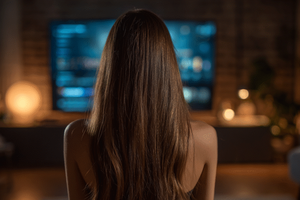 “Woman watching MasterClass lessons on TV, gaining fashion and product development insights from industry icons like DVF and Marc Jacobs.”